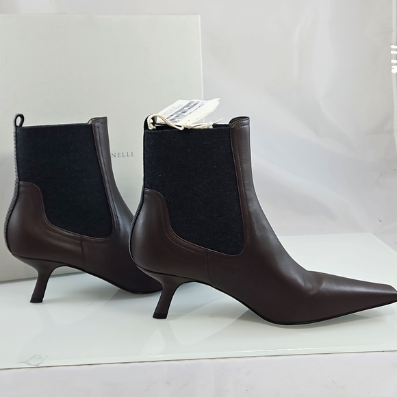 NEW Brunello Cucinelli Leather Monili Comma-Heel Ankle Boots Size 39.5 - Picture 10 of 16